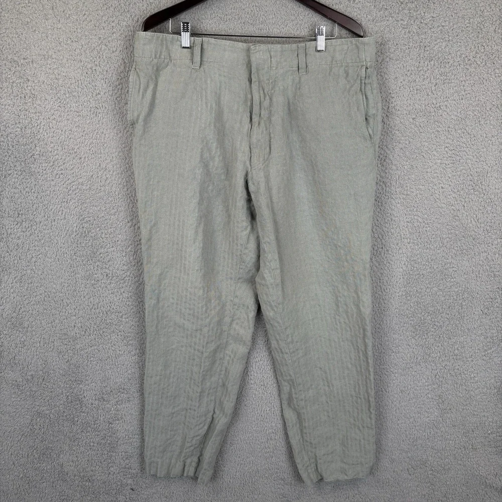 HUGO BOSS Linen Pants Mens 38x30‎ Light Green Flat Front Trousers